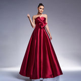 Bow Sweetheart A Line Burgundy Satin Prom Dress