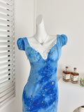 Lace Trimmed Bodice Starry V Neck Blue Dress