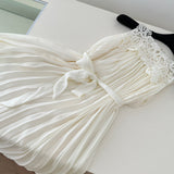 Pleated & Belted Style Lace Trimmed Halter Dress