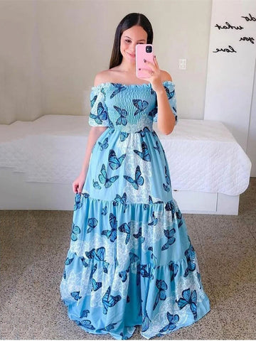 Blue Butterfly Short Sleeve Long Maxi Beach Dress