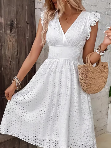 Elegant Ruffle Sleeves White Lace Dress
