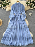 Lace Puff Sleeves Light Blue Maxi Dress