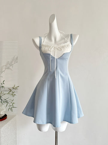 Tie Front Lace Light Blue Mini Dress