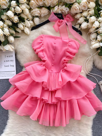 Vibrant Pink Tiered Ruffle Dress with Satin Neck Bow