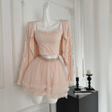 Ruffled Tulle Skirt Ribbon Sleeves Pink Three-Piece Set