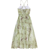 Spaghetti Strap Leaf Print Ruched Maxi Dress