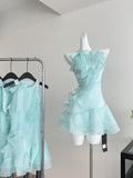 Bow Halter Neck Light Blue Ruffled Mini Dress