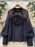 Oversized 3D Flower High Neck Black Chiffon Blouse