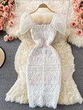 Elegant Bridal White Crochet Lace Midi Puff Sleeve Dress