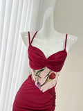 Asymmetric Floral Burgundy Bodycon Dress