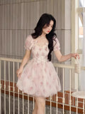 Puffed Sleeves Floral Print Knee-Length Dress