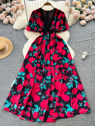 Floral Fantasy Vibrant Rose-Print Maxi Dress
