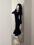 Long Sleeve Sleek Pearl Buttons Black Midi Dress