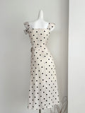 Ruffled Cream Polka Dot Asymmetric Midi Dress