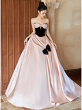 Satin Bow A Line Cut Out Pink Sweetheart Prom Dress