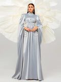 Long Sleeve Satin Cape Silver Chain Gray Prom Dress