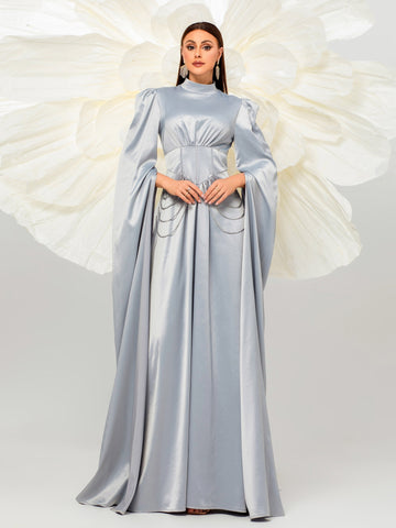 Long Sleeve Satin Cape Silver Chain Gray Prom Dress Sassymyprom Long Sleeve Satin Cape Silver Chain Gray Prom Dress Sassymyprom