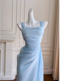 Ruched Tea Length Sheath Column Blue Chiffon Party Dress