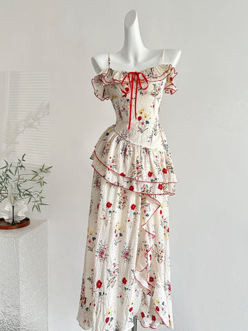 Tie Front Fluttery Sleeves Asymmetric Floral Maxi Dress