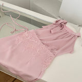 Bow & Lace One Shoulder Pink Satin Dress