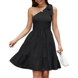 One Shoulder Smocked Tiered Ruffle Dress