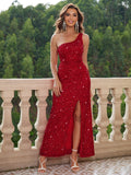 One Shoulder Red Slit Sequin Party Dress