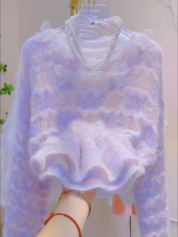 Butterfly Layered Ruffles Soft Pastel Knitwear