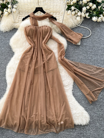 Soft Brown Long Drape  Halter Neck Dress