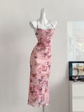 Lace-Up Back Elegant Floral Pink Maxi Dress