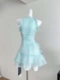 Bow Halter Neck Light Blue Ruffled Mini Dress