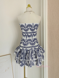 Short Mini A Line Blue Print Strapless Homecoming Dress