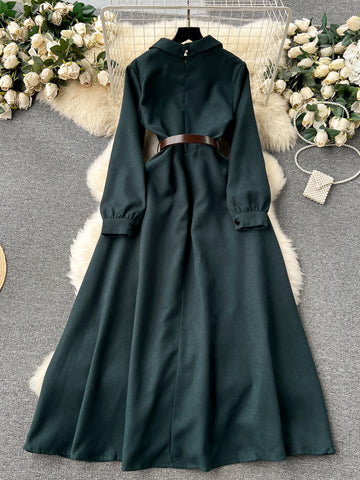 Stylish Belt Lapel Collar Dark Green Maxi Dress