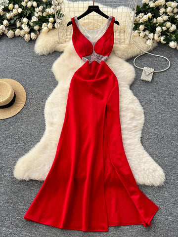 Red Satin Maxi Crystal Party Dress