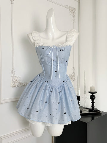 Ruffles Bow Print Vintage-Inspired Corset Dress