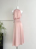 Keyhole Neck Adjustable Wrap Waist Satin Midi Dress