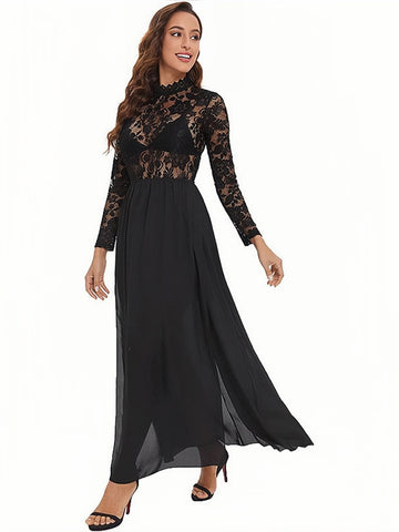 Black Sheer Lace Long Sleeve Split Maxi Dress