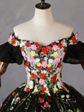 Elegant Black Gown Floral Embroidery Prom Dress