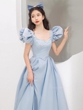 Blue Satin Beading Square Neck A Line Puffy Sleeve Prom Dress