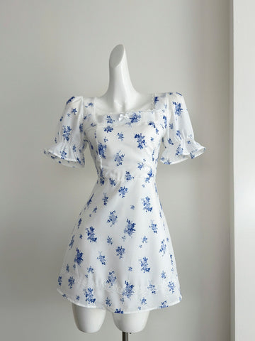 Delicate Blue Floral Motifs Square Neck Mini Dress