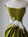 Green Satin White Flower A Line Prom Dress