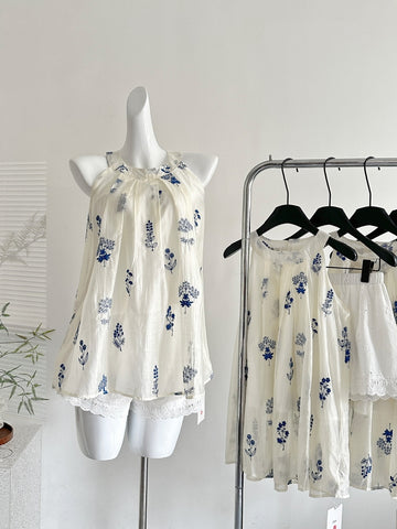 Blue Floral Print White Halter Neck Top