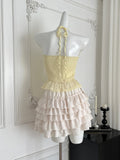 Polka Dot Yellow Halter Crop Top Ruffled Mini Skirt