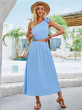 Elegant Blue One-Shoulder Midi Dress