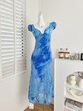 Lace Trimmed Bodice Starry V Neck Blue Dress