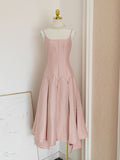 Pink Satin A Line Tea Length Spaghetti Straps Homecoming Dress