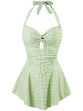 Green Plaid Halter Neck Suspender Swimsuit Dress