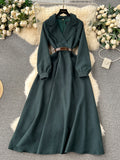 Stylish Belt Lapel Collar Dark Green Maxi Dress