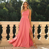 Coral Dream Elegant One-Shoulder Chiffon Dress