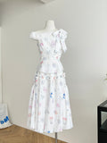 Ruffled Neckline Nautical Floral  White Dress