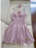 A Line Halter Flower Short Mini Purple Lace Homecoming Dress